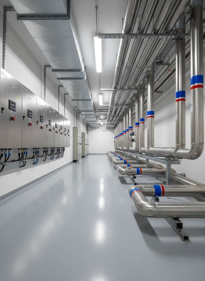 A bright, modern facilities plant room designed for a corporate building, featuring impeccably organized mechanical and electrical installations. Stainless steel chilled water pipes are labeled with color bands only, insulated ductwork runs in straight, parallel lines, and neatly mounted electrical panels align along a pristine white wall. The epoxy-coated floor is spotless, reflecting soft overhead industrial lighting that produces clear highlights on metal surfaces without harsh glare. Photographed from a slightly low, wide-angle viewpoint, the composition leads the eye through the symmetry of pipework and equipment. The atmosphere is highly professional, orderly, and engineered, emphasizing the hidden backbone of building services in a photographic realism style that underlines precision and reliability.