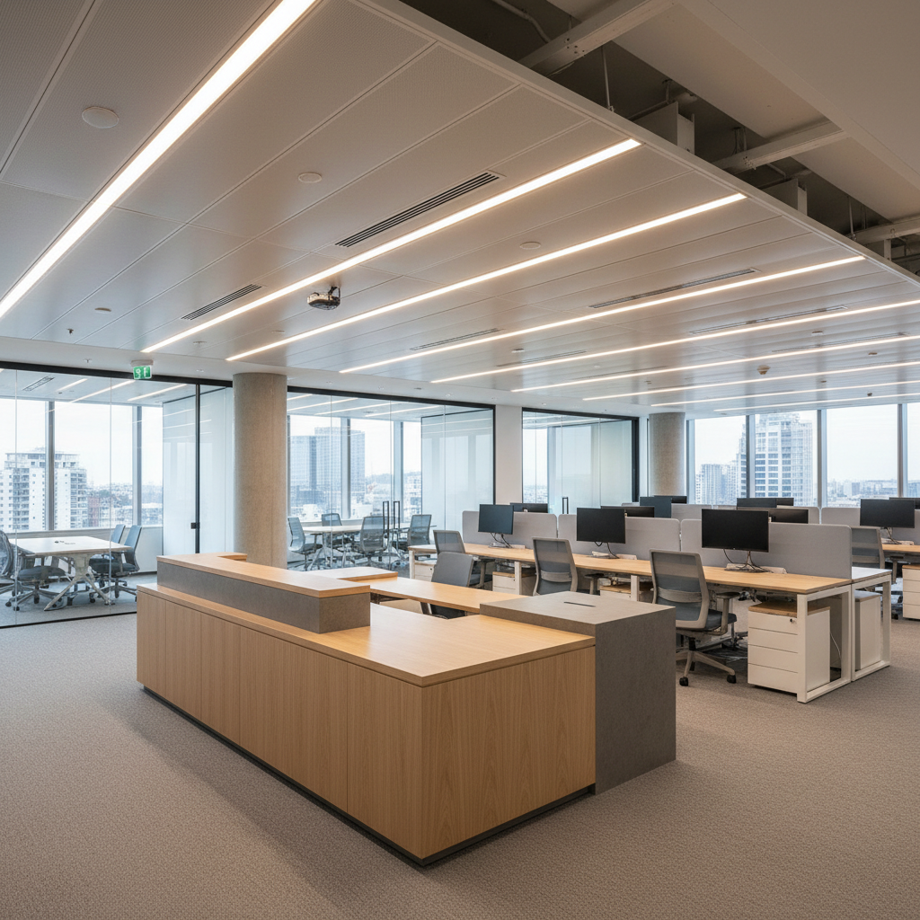 A fully completed premium corporate office floor, showcasing an open-plan workspace with glass-partitioned meeting rooms, integrated ceiling services, and flawlessly aligned LED lighting panels. The foreground reveals a long, custom-built reception counter in light oak with a stone accent, while the background shows neatly arranged workstations, cable-managed and clutter-free. Natural daylight streams in through floor-to-ceiling windows, complemented by warm overhead lighting that creates a balanced, welcoming glow. Captured from a slightly elevated wide-angle perspective, the image maintains sharp focus across the scene, highlighting crisp lines, refined finishes, and coordinated color schemes. The mood is polished and professional, illustrating the end result of comprehensive project management delivered with photographic realism for corporate clients.