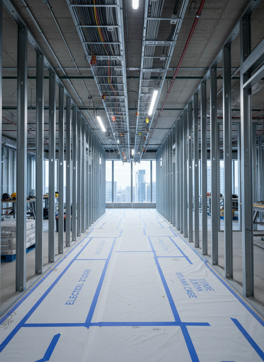 An active yet tidy interior fit-out site in a high-rise corporate building, showing meticulously aligned metal stud partitions, suspended cable trays, and neatly bundled conduits waiting for final finishes. The floor is protected with clean, taped-down sheeting and labeled zones for upcoming work. Large windows reveal a blurred city skyline, while bright midday sunlight filters through, combining with temporary LED site lighting to create a crisp, evenly lit scene. Captured from a low-angle perspective looking down a long corridor, the composition emphasizes depth and linear precision. The overall mood is efficient and in control, conveying structured project execution in photographic realism, with no visible workers, just their tools and organized materials suggesting ongoing professional activity.