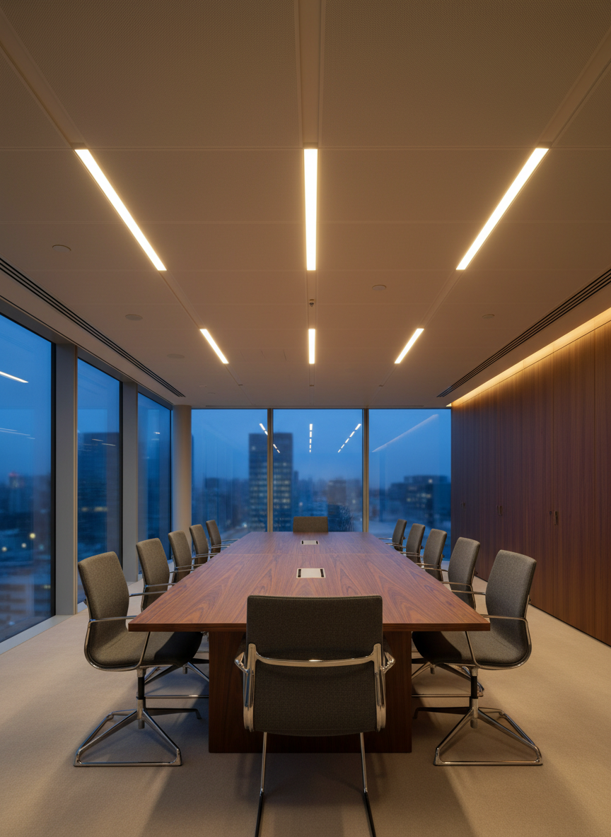 A sophisticated, completed corporate boardroom showcasing integrated building services: a seamless ceiling with discreet air diffusers, recessed linear LED lighting, and hidden acoustic treatments. A long, dark wood conference table with subtle grain detail anchors the center, surrounded by minimal, unoccupied chairs. Floor-to-ceiling windows along one side reveal a softly blurred urban skyline at dusk. The room is illuminated by a combination of warm interior lighting and cool blue evening light, creating balanced, professional contrast. Shot at eye level with a wide lens and rule-of-thirds composition, the image highlights the harmony between architectural finishes and invisible services. The mood is calm, executive, and refined, representing the final stage of a turnkey corporate project in clean photographic realism.