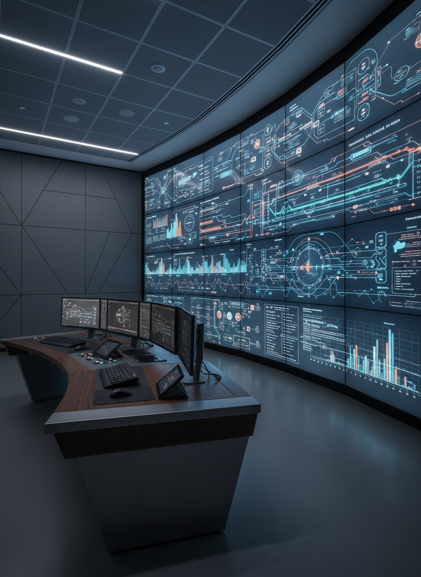 A high-tech building services control room with a continuous wall of large, bezel-less screens displaying abstract, colorful system diagrams and performance dashboards without any readable text. In front, a sleek console desk with multiple dark, powered-on monitors and neatly arranged hardware emphasizes organized facility operations. The space features acoustic wall panels, subtle LED strip lighting along the ceiling edges, and a matte charcoal floor. Cool, even artificial lighting creates minimal glare and clear reflections on glass surfaces. Shot from an eye-level, slightly off-center angle using photographic realism, the composition balances the glowing screens on one side with the structured, uncluttered workspace on the other. The atmosphere feels controlled, precise, and data-driven, underscoring professional, integrated facility management.