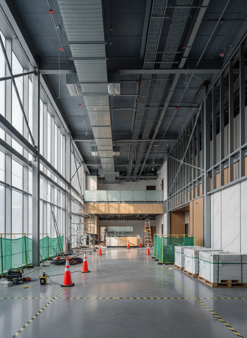 A spacious, contemporary corporate lobby under construction, with sleek steel framing, partially installed glass curtain walls, and exposed HVAC ducts neatly routed across the ceiling. The polished concrete floor is sectioned off with bright safety markers, and organized pallets of pristine materials line one side. Soft, diffused daylight enters through tall temporary glazing, creating gentle reflections on metal surfaces and subtle shadows between structural columns. Photographed at eye level with sharp focus throughout, the composition leads the eye from the foreground construction area to the nearly finished reception zone in the background. The atmosphere is professional, orderly, and optimistic, emphasizing meticulous turnkey building services in a clean, photographic realism style suitable for a corporate facilities website.